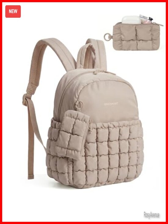 Puffy Checkered Quilted Mini Backpack with Detachable Pouch, Water-Resistant